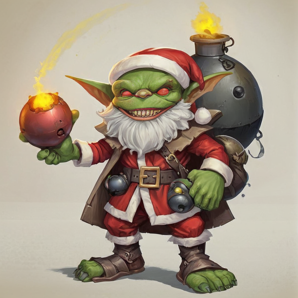 00088-2555399536-cartoon style, outline ,fantasy d&d image of a cute path_goblin, dresed as santa claus, with a bomb on his hand, _lora_Path_gobl.png